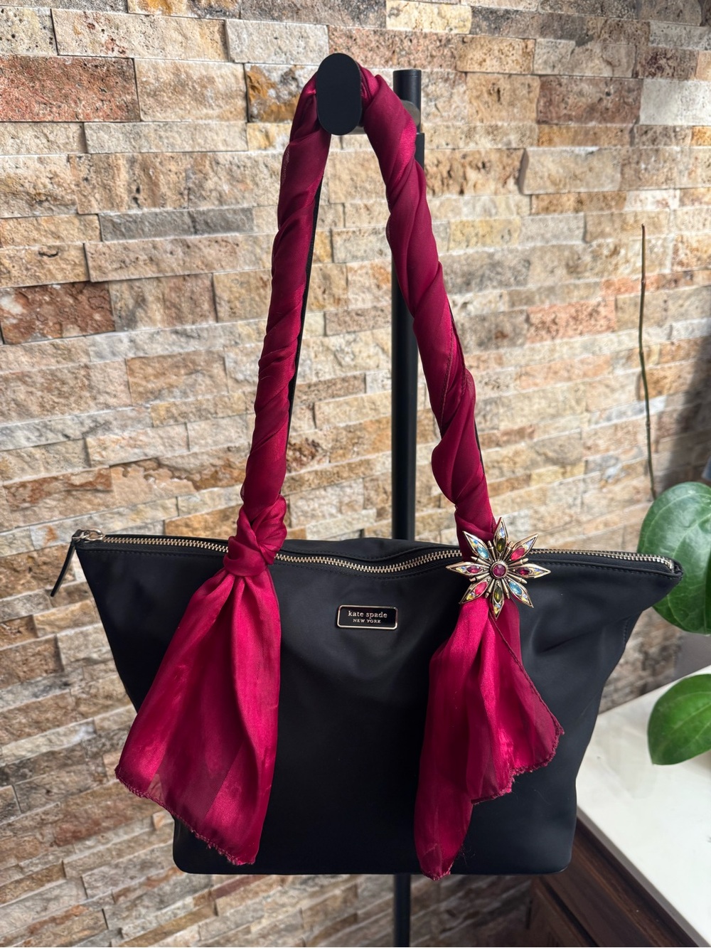 kate spade Black Tote with Deep Magenta Scarf Accent